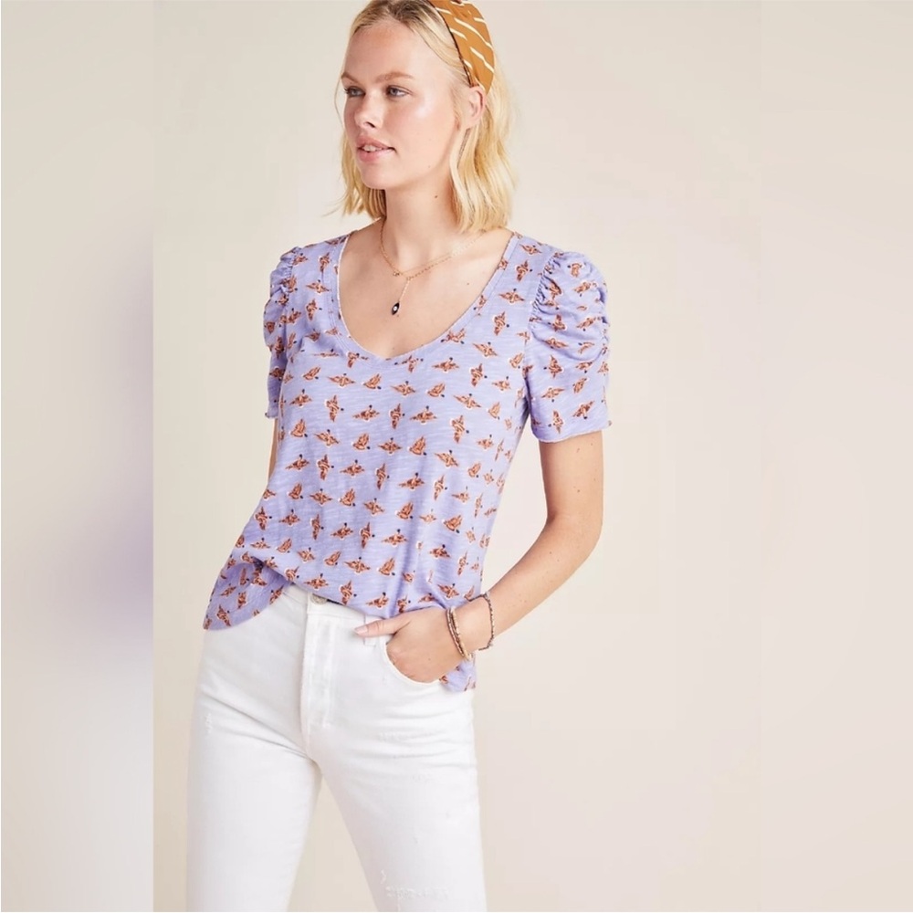 Anthropologie Maeve Saralee Sheer Ruched Top Purple Duck Print Blouse Tee L